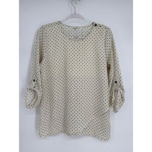 Maurices Cream Black Polka Dot Lightweight 3/4 Sleeve Roll Tab Blouse Women Sz M